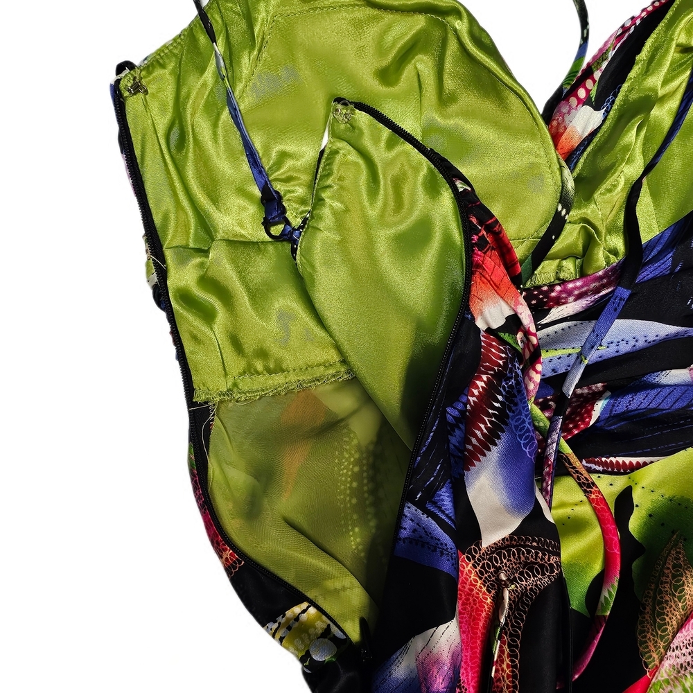 Y2K Cache Vintage 100% Silk Party Bright Colorful Floral Halter Midi Dress - Picture 13 of 15